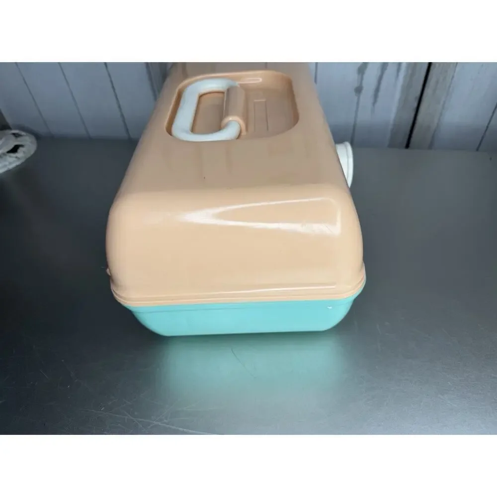 Vintage Y2K Caboodle Makeup Case USA Organizer Peach Teal Two Tier & Mirror